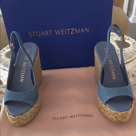 Stuart Weitzman Blue Wedge Sandals Peep-Toe Espadrille - Picture 2 of 3